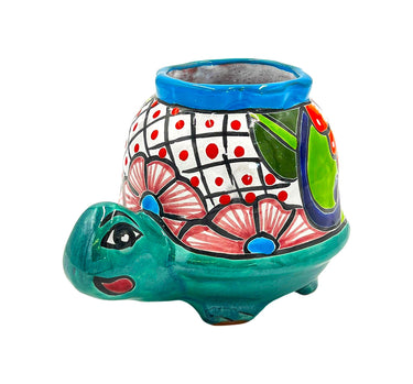 Mexican Talavera Corona Turtle Planter Pot Hand Painted - Light Blue & Metallic Green Body